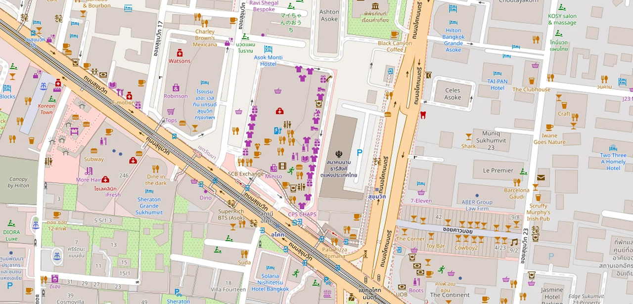 แผนที่ย่อแสดง เซอเลส อโศก และทางออกสถานีที่ตรวจสอบแล้ว