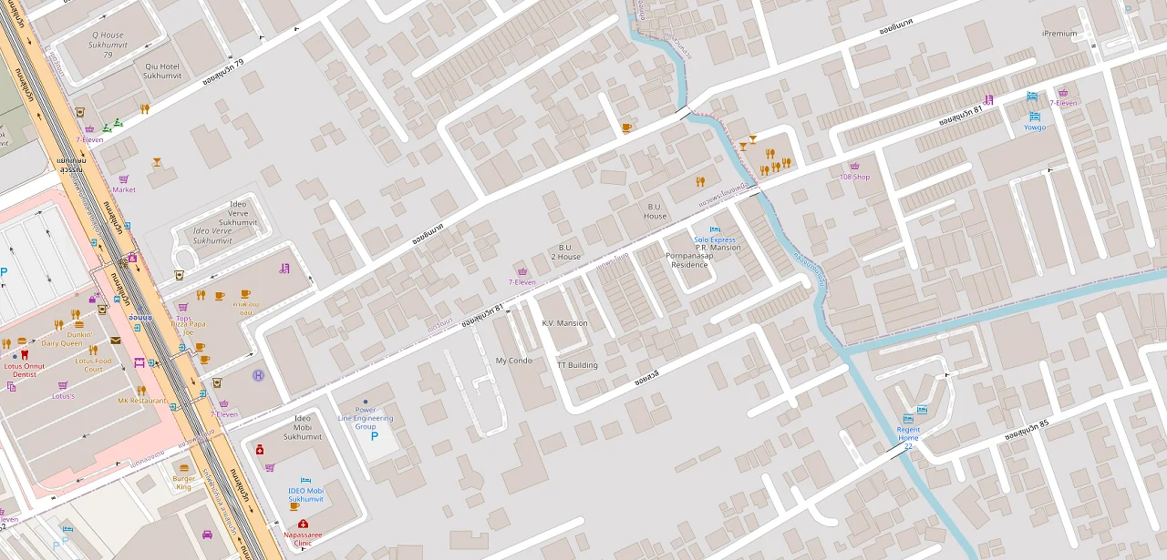 แผนที่ย่อแสดง รีเจ้นท์ โฮม สุขุมวิท 81 และทางออกสถานีที่ตรวจสอบแล้ว