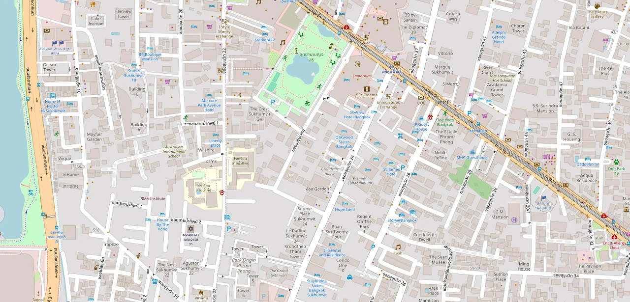 แผนที่ย่อแสดง ออกัสตัน สุขุมวิท 22 และทางออกสถานีที่ตรวจสอบแล้ว