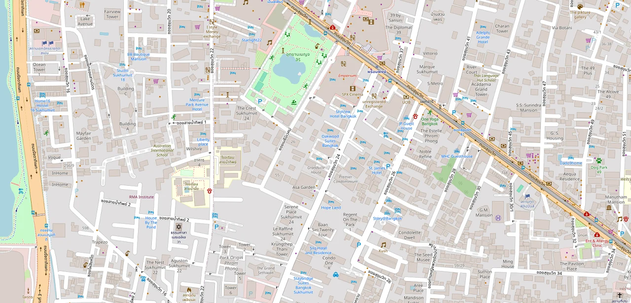 แผนที่ย่อแสดง พาร์ค 24 และทางออกสถานีที่ตรวจสอบแล้ว