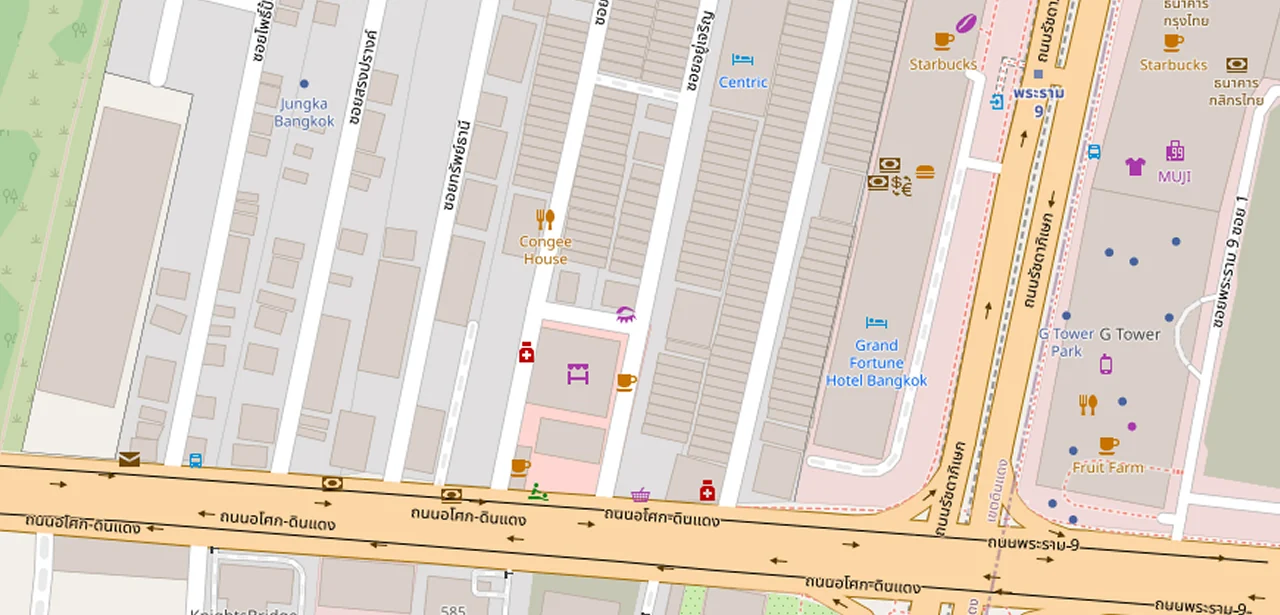 แผนที่ย่อแสดง Knightsbridge Space พระราม 9 และทางออกสถานีที่ตรวจสอบแล้ว