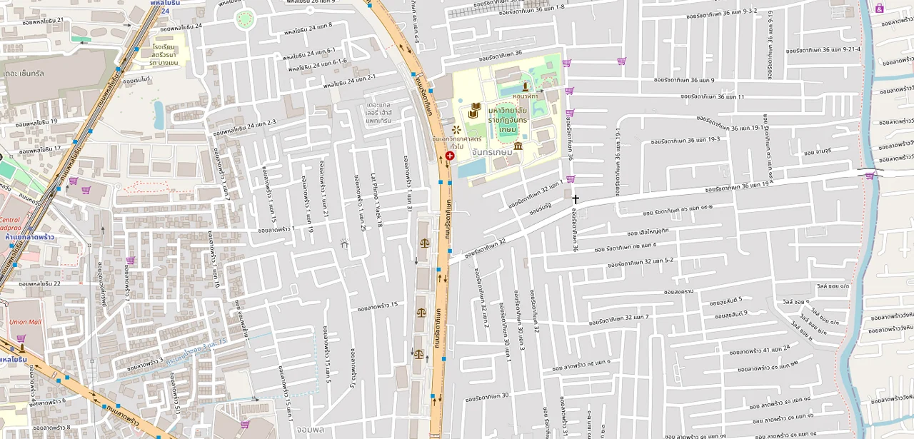 แผนที่ย่อแสดงตำแหน่ง ดิ ออริจิ้น ลาดพร้าว 15 จุดขอบเขตมหาวิทยาลัยที่ใกล้ที่สุด และระยะเส้นตรง 808 ม.