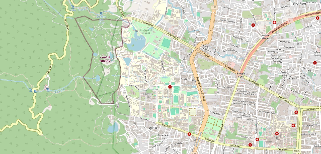 แผนที่ย่อแสดงตำแหน่ง ชมดอย คอนโดมิเนียม จุดขอบเขตมหาวิทยาลัยที่ใกล้ที่สุด และระยะเส้นตรง 260 ม.
