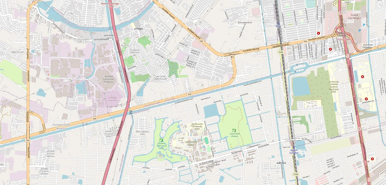 แผนที่ย่อแสดงตำแหน่ง รังสิตซิตี้ จุดขอบเขตมหาวิทยาลัยที่ใกล้ที่สุด และระยะเส้นตรง 2.3 กม.